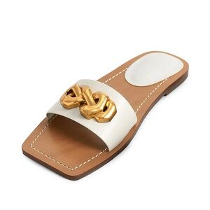 Charles & Keith Chain Accent Leather Slide Sandals in Cream and Gold